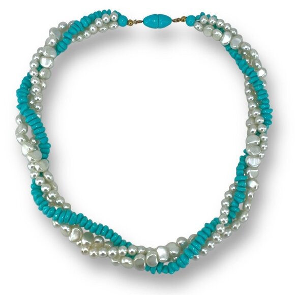 Twisted faux pearl and acrylic turquoise beaded necklace Womens 16" - Picture 1 of 5